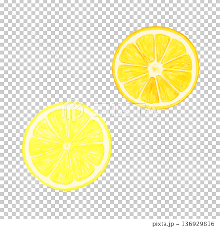 Hand-drawn watercolor realistic lemon and orange slices set (white background, food illustration) 136929816
