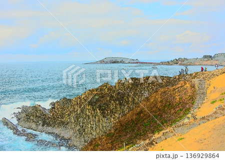 東尋坊　屏風岩、冬期の風景 136929864