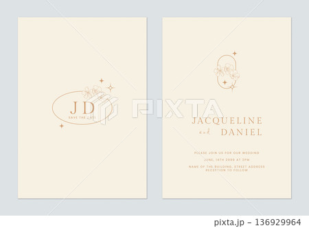 Minimalist floral wedding invitation card template, line art flowers on bright brown 136929964