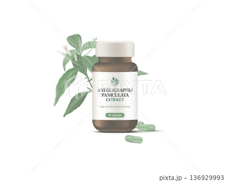 Product mockup template design, Andrographis paniculata plant with brown glass bottle and capsules Product mockup template design, Andrographis paniculata plant with brown glass bottle and capsules 136929993