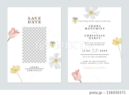 Floral wedding invitation card template, various flowers on white Floral wedding invitation card template, various flowers on white 136930371