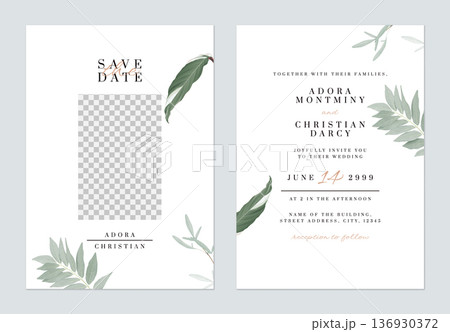 Foliage wedding invitation card template, various leaves on white Foliage wedding invitation card template, various leaves on white 136930372