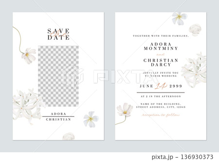 Floral wedding invitation card template, various white flowers on white 136930373