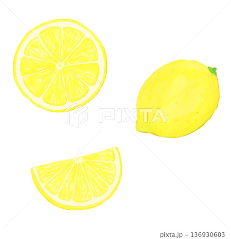 手描き水彩のリアルなレモン丸ごと・輪切り・櫛形セット（葉なし・白背景・食材イラスト） 136930603