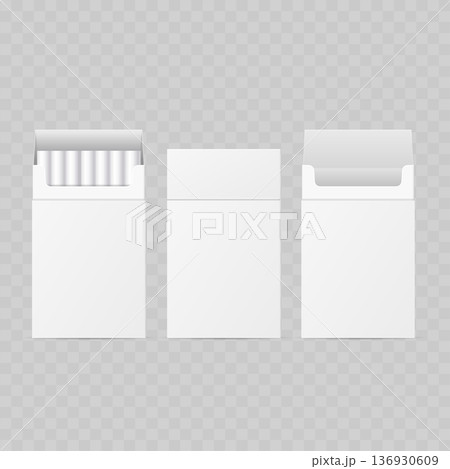 Realistic White Cigarette Pack Mockup Set. Vector Open and Closed Flip-Top Box Template with Cigarettes. 136930609