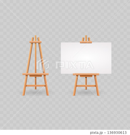 Realistic Wooden Artist Easel Mockup Set. Vector Tripod Stand with Blank White Horizontal Canvas. 136930613