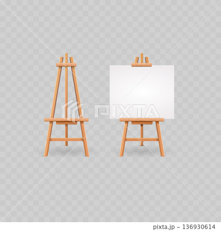 Realistic Wooden Artist Easel Mockup Set. Vector Tripod Stand with Blank White Horizontal Canvas. Realistic Wooden Artist Easel Mockup Set. Vector Tripod Stand with Blank White Horizontal Canvas. 136930614
