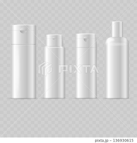 Realistic White Cosmetic Bottle Mockup Set. Vector Plastic Shampoo, Lotion and Shower Gel Container Templates with Flip-Top Caps. Realistic White Cosmetic Bottle Mockup Set. Vector Plastic Shampoo, Lotion and Shower Gel Container Templates with Flip-Top Caps. 136930615