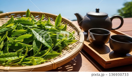 青空の茶畑と摘みたての新鮮な茶葉と急須・湯飲みのある日本茶イメージ 136930733