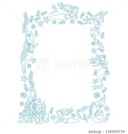 Doodle frame of mermaid, shells, castle, seaweed and flowers. Frame on the theme of sea vacation. Vector illustration Doodle frame of mermaid, shells, castle, seaweed and flowers. Frame on the theme of sea vacation. Vector illustration 136930739