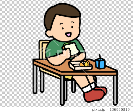 School life: Asian boy eating lunch at his desk (sandwich) School life: Asian boy eating lunch at his desk (sandwich) 136930819