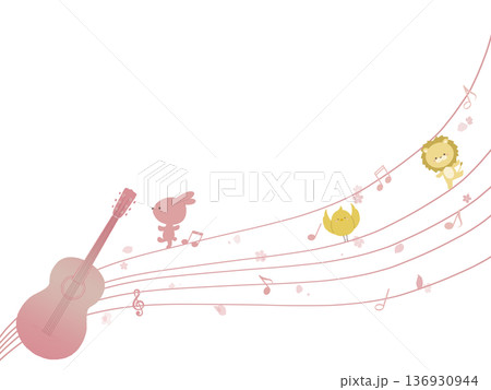 ピンク色のギターと動物たちのイラスト 136930944