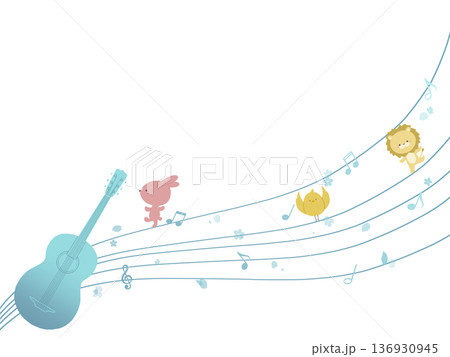 青いギターと動物たちのイラスト 136930945