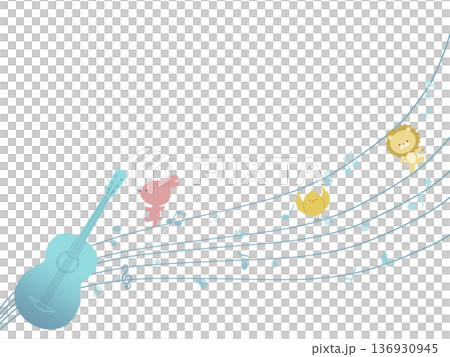 青いギターと動物たちのイラスト 136930945