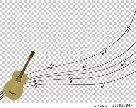 A simple illustration of a guitar and musical notes 136930947
