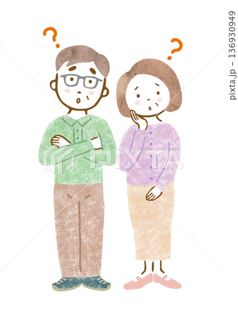 悩んでいる様子のシニアカップルのイラスト（全身） 136930949