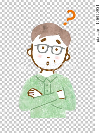 悩んでいる様子のシニア男性のイラスト（上半身） 136930951