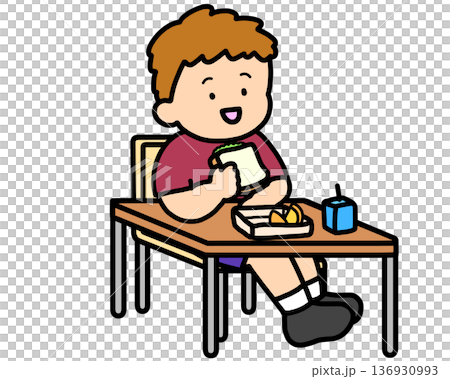 学校生活　机でランチをとる茶髪の男の子（サンドイッチ） 136930993