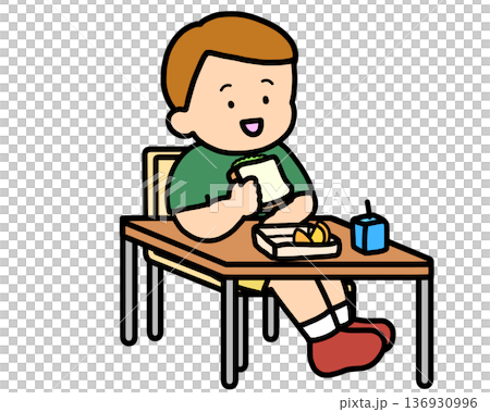 校園生活:棕髮男孩在課桌前吃午餐(三明治) 校園生活:棕髮男孩在課桌前吃午餐(三明治) 136930996