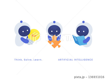 Think・Solve・Learn。AIの思考・解決・学習プロセス。電球とパズルと本を持つ3ポーズ。 136931016