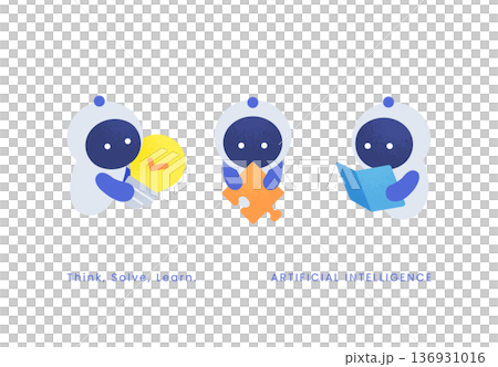 Think・Solve・Learn。AIの思考・解決・学習プロセス。電球とパズルと本を持つ3ポーズ。 136931016