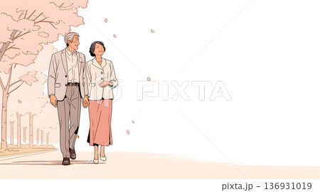 春の桜並木を歩く穏やかなアクティブシニア夫婦 136931019