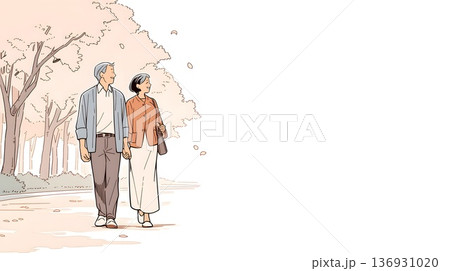 春の桜並木を歩く穏やかなアクティブシニア夫婦 136931020