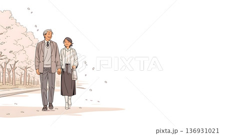 春の桜並木を歩く穏やかなアクティブシニア夫婦 136931021
