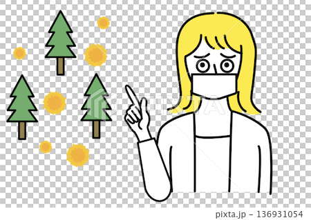 花粉症でマスクをした女性が杉の木と花粉ウイルスを指さして説明するイラスト 花粉症でマスクをした女性が杉の木と花粉ウイルスを指さして説明するイラスト 136931054
