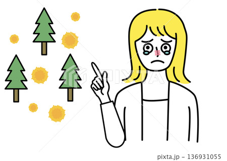 花粉症で涙が出る女性が杉の木と花粉を指さして説明するイラスト 花粉症で涙が出る女性が杉の木と花粉を指さして説明するイラスト 136931055