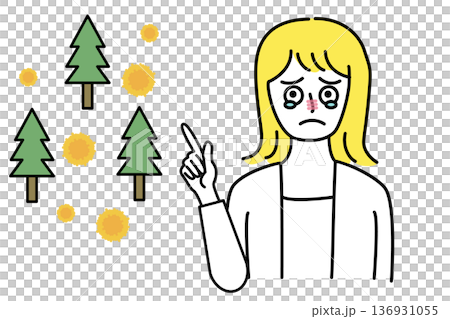 花粉症で涙が出る女性が杉の木と花粉を指さして説明するイラスト 花粉症で涙が出る女性が杉の木と花粉を指さして説明するイラスト 136931055