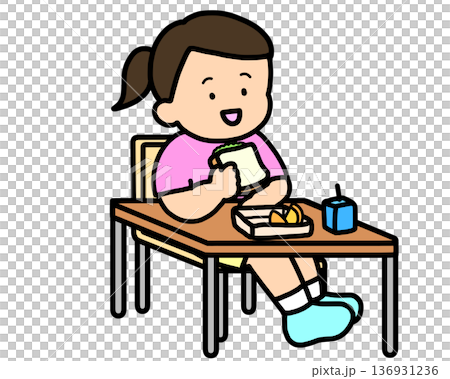 学校生活 机でランチをとるアジア人の女の子(サンドイッチ) 学校生活 机でランチをとるアジア人の女の子(サンドイッチ) 136931236