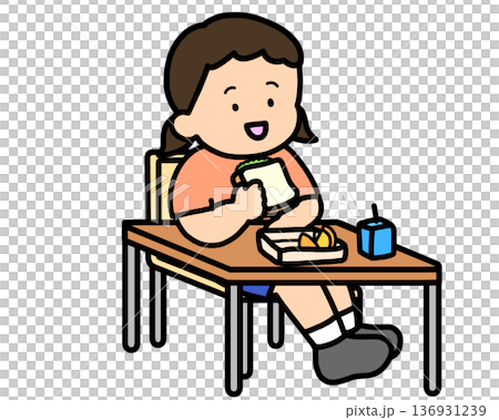 School life: Asian girl eating lunch at a desk (sandwich) School life: Asian girl eating lunch at a desk (sandwich) 136931239