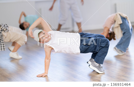 Group of children dancers having break dance training at dance studio Group of children dancers having break dance training at dance studio 136931464