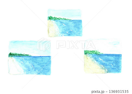 透明水彩絵の具で描いた3枚のラフな海辺のイラストC 136931535