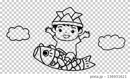男孩騎著鯉魚飄帶的線條畫插圖 男孩騎著鯉魚飄帶的線條畫插圖 136931621
