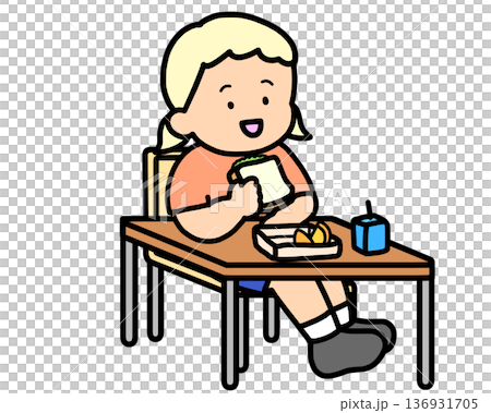 School life: Blonde girl eating lunch at her desk (sandwich) School life: Blonde girl eating lunch at her desk (sandwich) 136931705