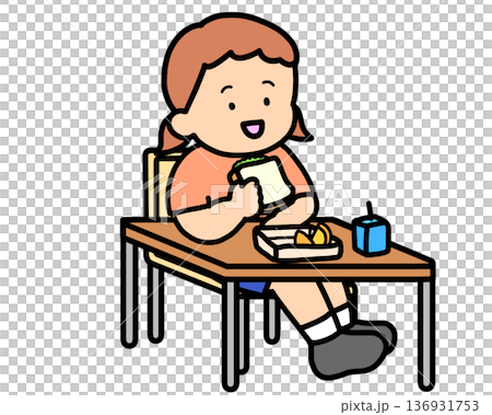 校園生活:一位棕髮女孩在課桌前吃午餐(三明治) 校園生活:一位棕髮女孩在課桌前吃午餐(三明治) 136931753