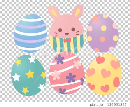 星やハートの模様を描いたイースターエッグとイースターバニーの