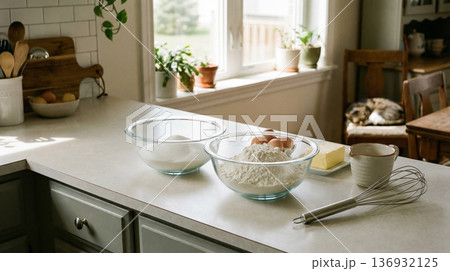 Baking Ingredients Flour Sugar Eggs Butter In Cozy Home Kitchen Scene 136932125