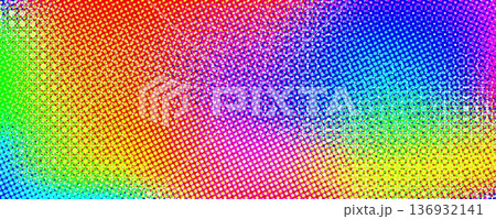 Colorful vivid halftone gradient background. Dotted iridescent rainbow half tone gradation texture. Abstract pixelated multicolored wallpaper. Colour dotty bitmap style backdrop concept. Vector 136932141