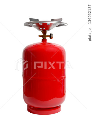 red gas cylinder with a fuel regulator and a burner in profile 136932187