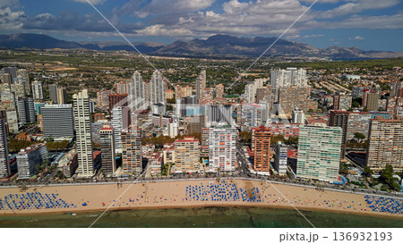Aerial view of Benidorm beachfront skyline with high rise buildings and sandy beach Spain 136932193