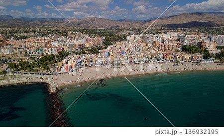 Aerial view of Villajoyosa beach and colorful old town houses along Mediterranean coastline Spain 136932195