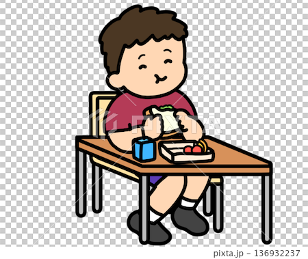 ランチタイム 机でサンドイッチを食べるアジア人の男の子 ランチタイム 机でサンドイッチを食べるアジア人の男の子 136932237
