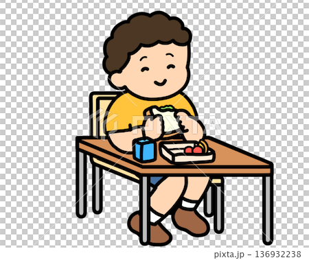 ランチタイム　机でサンドイッチを食べるアジア人の男の子 136932238
