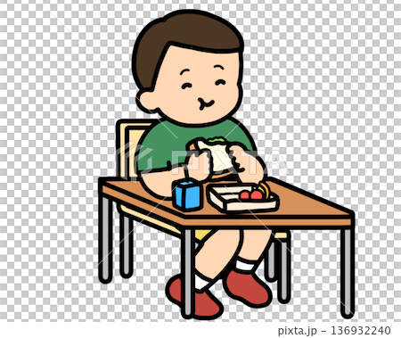 Lunchtime: Asian boy eating a sandwich at his desk Lunchtime: Asian boy eating a sandwich at his desk 136932240