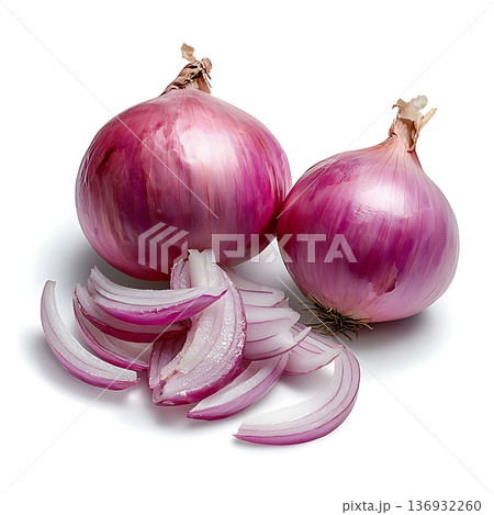 Fresh Red Onions with Sliced Segments Ready for Cooking or Garnishing Dishes at Home Fresh Red Onions with Sliced Segments Ready for Cooking or Garnishing Dishes at Home 136932260
