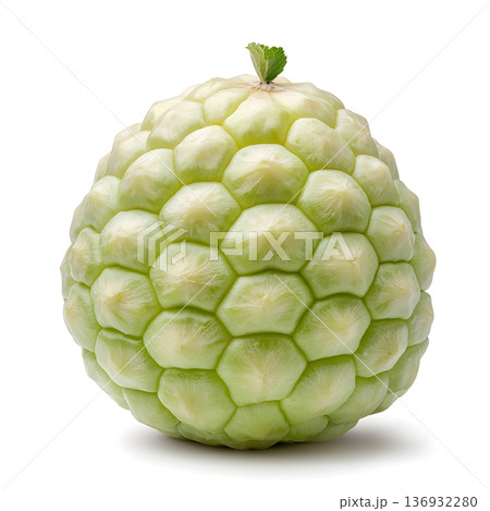 Fresh Green Custard Apple with Honeycomb Texture and Leafy Top on White Background 136932280