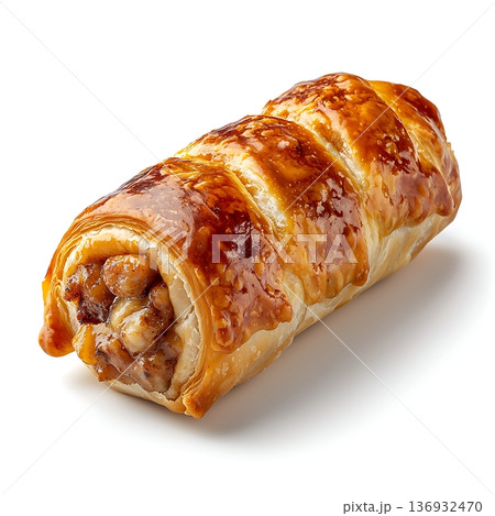 Golden Brown Puff Pastry Roll with Savory Filling on Isolated White Background 136932470